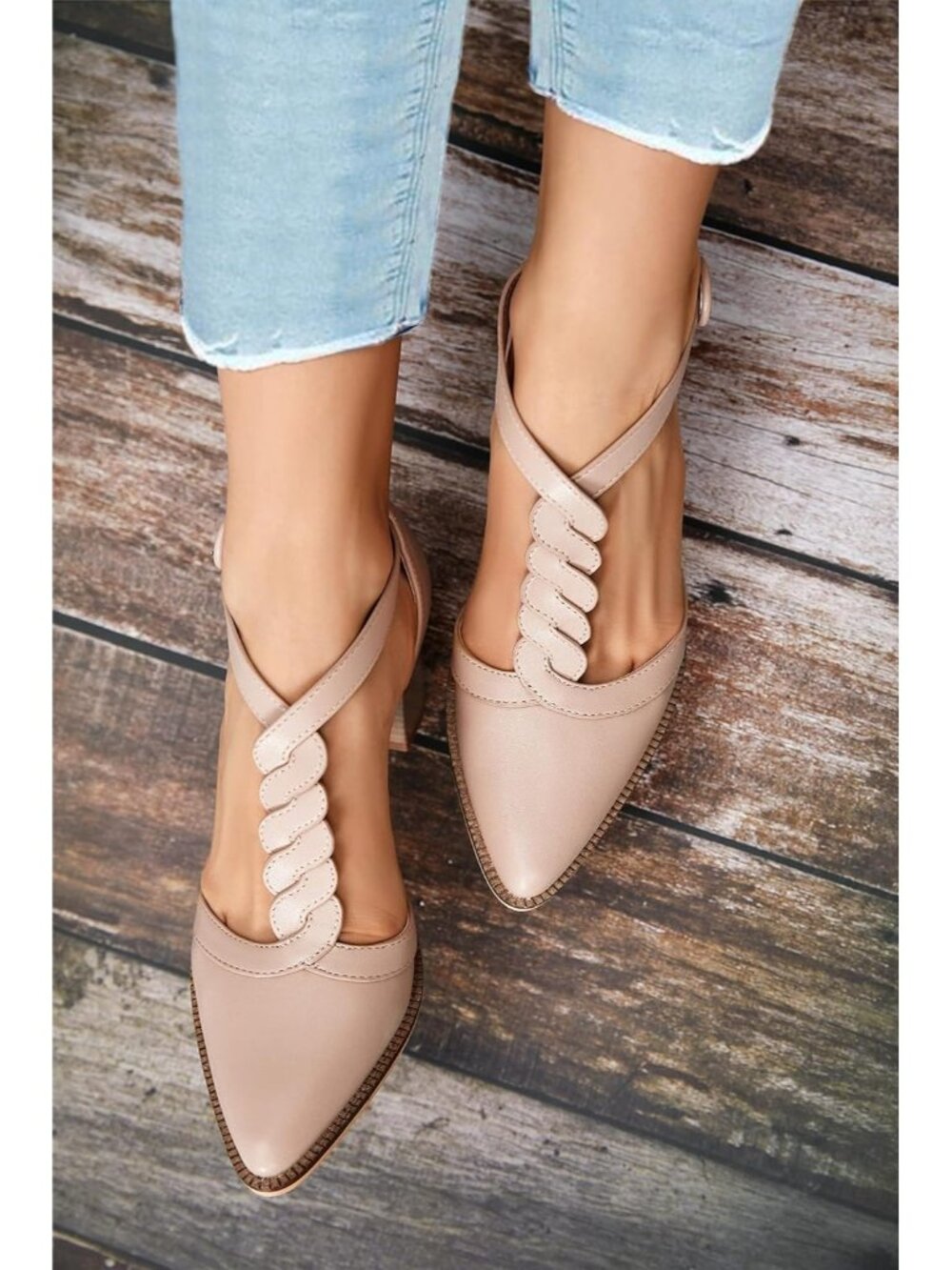 Women's Nude Chunky Heels T Strap Pointed Toe Stacked Heeled Sandals Pumps - Picture 4 of 6